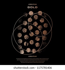 Golden circles . Bronze Polka dot. Gold glitter round background for the card, invitation. Copper Holiday Decorative element. Illustration of falling grunge particles on black background.