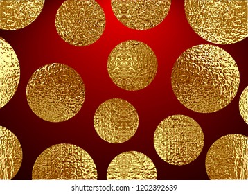 Golden circles . Bronze Polka dot. Gold glitter round background for the Christmas card, invitation. Copper Holiday Decorative element. Illustration of falling shiny particles on white background.