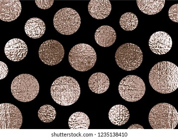 Golden circles . Bronze Polka dot. Gold glitter round background for the card, invitation. Copper Holiday Decorative element. Illustration of falling shiny particles on black background.