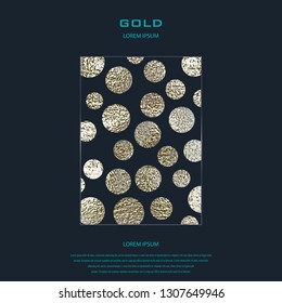 Golden circles . Bronze Polka dot. Gold glitter round background for the card, invitation. Copper Holiday Decorative element. Illustration of falling grunge particles on white background.