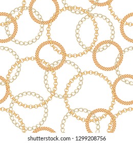 Golden circles chains seamless pattern on black background. Design element for textile, fabric, wallpaper or etc. Vector illustration.