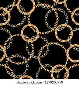 Golden circles chains seamless pattern on black background. Design element for textile, fabric, wallpaper, scrapbooking or etc. Vector illustration.