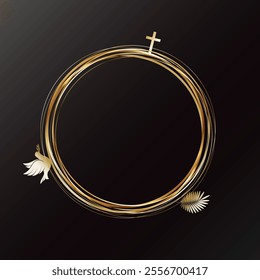 Golden circles with a cross, a dove of peace and plant leaves