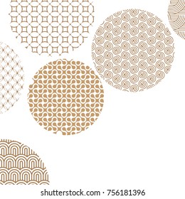 Golden circles with different geometric patterns on white with clipping mask. Gold abstract shapes. Asian style ornaments. Graphic design for cover,poster, card, template