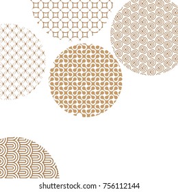 Círculos dorados con motivos geométricos en blanco con máscara de recorte. Formas abstractas de oro. Los adornos de estilo asiático. Diseño gráfico para portada, afiche, tarjeta, plantilla