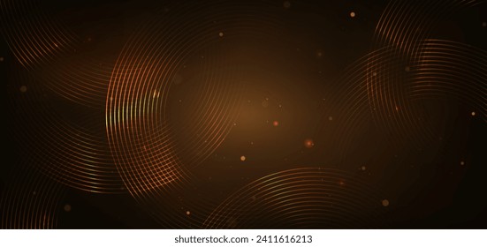 Golden circles lines overlapping on dark brown background with lighting effect and sparkle. Luxury template celebration award design. Vector illustration