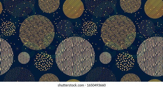 Golden circles on a dark blue background. Chinese seamless pattern with abstract geometric shapes. Different textured circles. Composition for textile design, holiday decor elements, cards, prints...