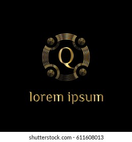 Golden circles vector logo design template. Letter Q luxury monogram