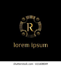 Golden circles vector logo design template. Letter R luxury monogram