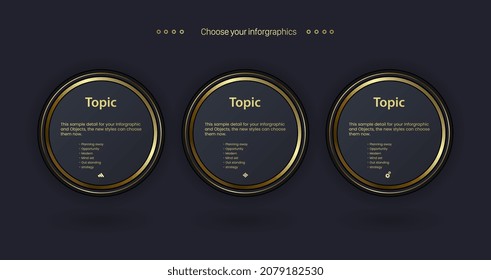 Golden circles Vector multipurpose Infographic template with Three elements options and Premium golden version on a dark background with 3 golden info chart template.eps
