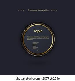 Golden circles Vector multipurpose Infographic template with an elements options and Premium golden version on a dark background with One golden info chart template design.eps
