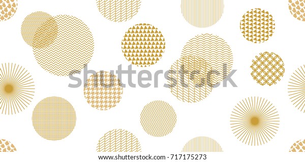 金の円 抽象的な幾何学的な形をした広いパノラマのシームレスなパターン 白い背景に異なる装飾 繊維デザイン ウェブデザイン カード用の構図 のベクター画像素材 ロイヤリティフリー