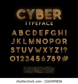 Golden circuit board pattern typeface. Digital vector Font design. Cyber alphabet. 