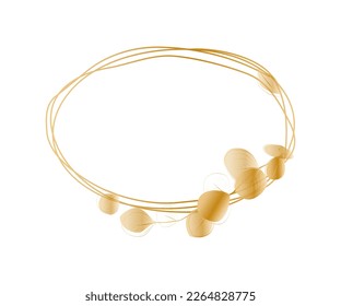 Goldener Rundrahmen mit Ästen und Blättern. Vektor-handgezeichnet Rahmen mit Eukalyptusblättern einzeln auf Weiß.Dekorative Gestaltungselemente