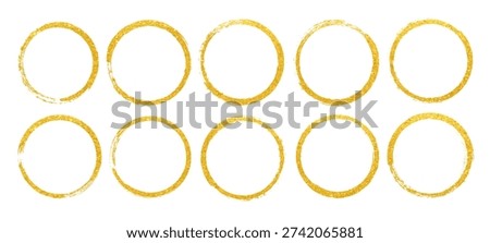 Golden circular frames. Gold paint texture. Elegant brush strokes for luxury design projects and sophisticated branding. Elegant circle borders. Yellow metallic foil effect. Grainy brass gradient bg