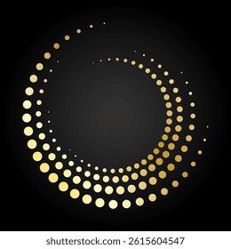 Golden circular halftone frame with gradient dots on dark background, abstract round shape design element, luxury halftone swirl for elegant decoration or digital branding