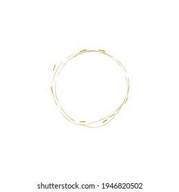 Golden circular outline vector image. Gold doodle grungy circles. Vector round curves. Logo element template. Editable geometric element isolated on white. Metal colors border rings.