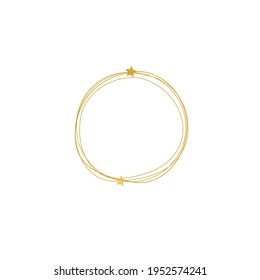 Golden circular outline vector image. Gold doodle grungy circles. Vector round curves. Logo element template. Editable geometric element isolated on white. Metal colors border rings.