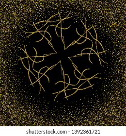 Golden circular pattern on a black background with gold glitter.
