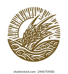 Golden Circular Sun with Wheat Rice Land Farm Symbol Illustration Vector svg