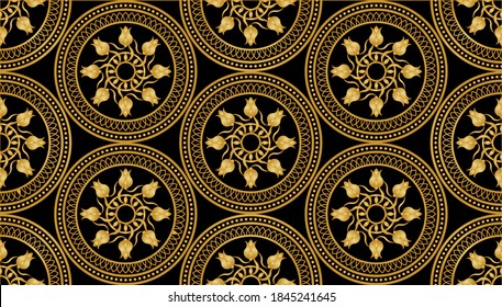 Golden circular tulip pattern with chains on black background.Vector design for fashion prints and backgrounds.