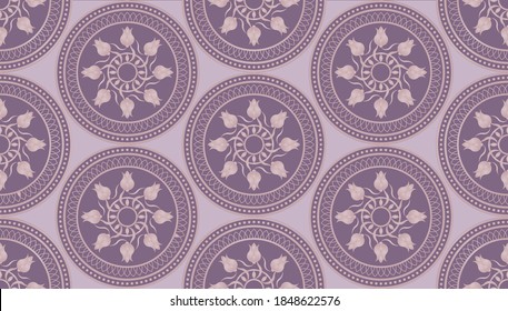 Golden circular tulip pattern with chains on purple background.Vector design for fashion prints and backgrounds.