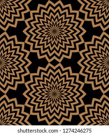 Golden circular zigzag lines flowers with a beautiful patterned striped petals pattern. Seamless floral vector background. Natural pattern, marine theme