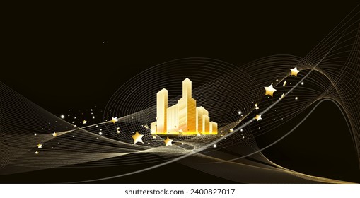 Escena de la ciudad dorada en la noche, vector