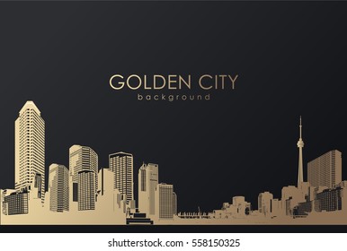 Golden cityscape with skyscrapers.