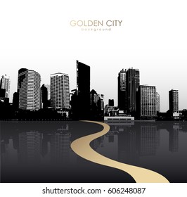 Golden cityscape with skyscrapers.