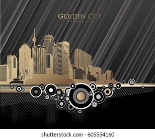 Golden cityscape with skyscrapers and circles.