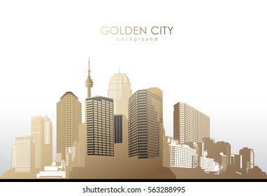 Golden cityscape with skyscrapers on white background.