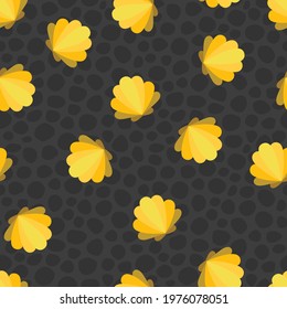 Golden Clam Shells on Black Pebbles Background Vector Seamless Pattern