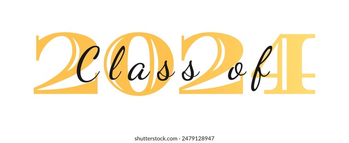 Golden class of 2024 text vector. School university campus degree graduation celebration sign.