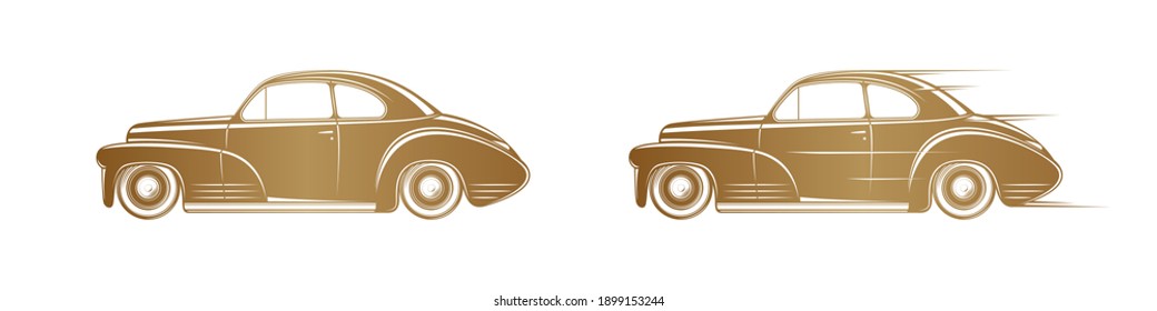 Golden classic car silhouette on white background. Vintage car icon for logo, badge or label design. Vector illustration.