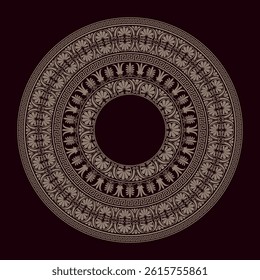 Golden classic Greek round ornamental plate. Ancient rome circular pattern. Byzantine repeating texture element design for decoration, print, laser cutting. Circle of Ancient Greece, Roman Empire. Key