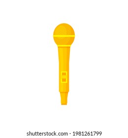 Golden Classic Microphone, Icon Isolated On Background. Old Gold Mic For Karaoke, Music, Sound, Voice. Cartoon Detailed Flat Design. Vector Illustration.