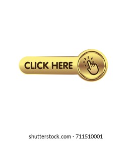 Golden click here button with hand clicking. 