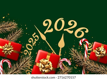 Cuenta regresiva del reloj dorado para 2026 con regalos rojos, bastones de caramelo y ramas de pino. Ilustración vectorial para vacaciones festivas.