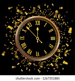 Golden clock with the date and golden confetti on the black background. Eps 10 vector file.