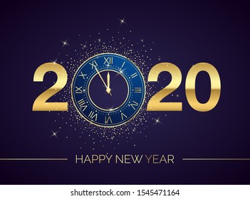 Golden Clock Dial with Numbers 2020 on Magic Christmas Background. New Year Countdown and Chimes. Five Minutes before Twelve Template for your Design Poster or Invitation. Vector illustration