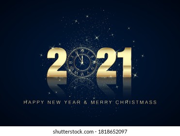 Golden Clock Dial with Numbers 2021 on Magic Christmas Background. New Year Countdown and Chimes. Five Minutes before Twelve Template for your Design Poster or Invitation. Vector illustration