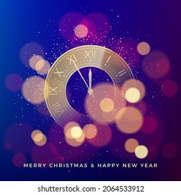 Golden Clock Dial on Magic Christmas Glitter Background with Bokeh. Vector illustration