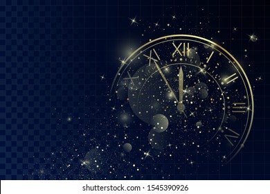 Golden Clock Dial with Roman Numbers on Magic Christmas Glitter Background. New Year Countdown and chimes. Five minutes before twelve. Vector