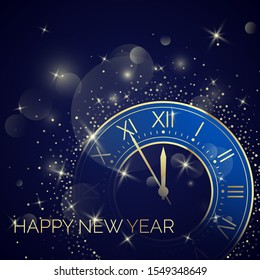 Golden Clock Dial with Roman Numbers on Magic Christmas Glitter Background. New Year Countdown and chimes. Five minutes before twelve. Vector illustration