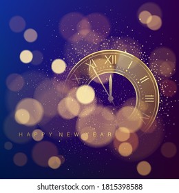 Golden Clock Dial with Roman Numbers on Magic Christmas Glitter Background with Bokeh. New Year Countdown and chimes. Five minutes before twelve. Vector