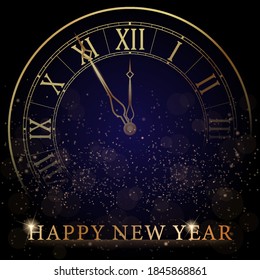 Golden Clock Dial with Roman Numbers on Magic Christmas Glitter Background. New Year Countdown and chimes. Five minutes before twelve. Vector