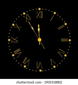 Reloj dorado con números romanos y manos en negro. Ilustración vectorial.