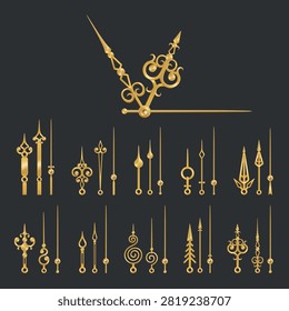 Golden clock hands. Antique watch pointer, metal arrow steampunk vintage old hour minute mechanical cogwheel clockwork ornate iron mechanism realistic garish vector illustration