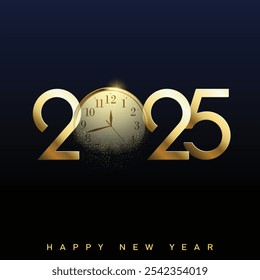 Golden Clock Happy New Year 2025 Celebration Festive Design . Vector illustration